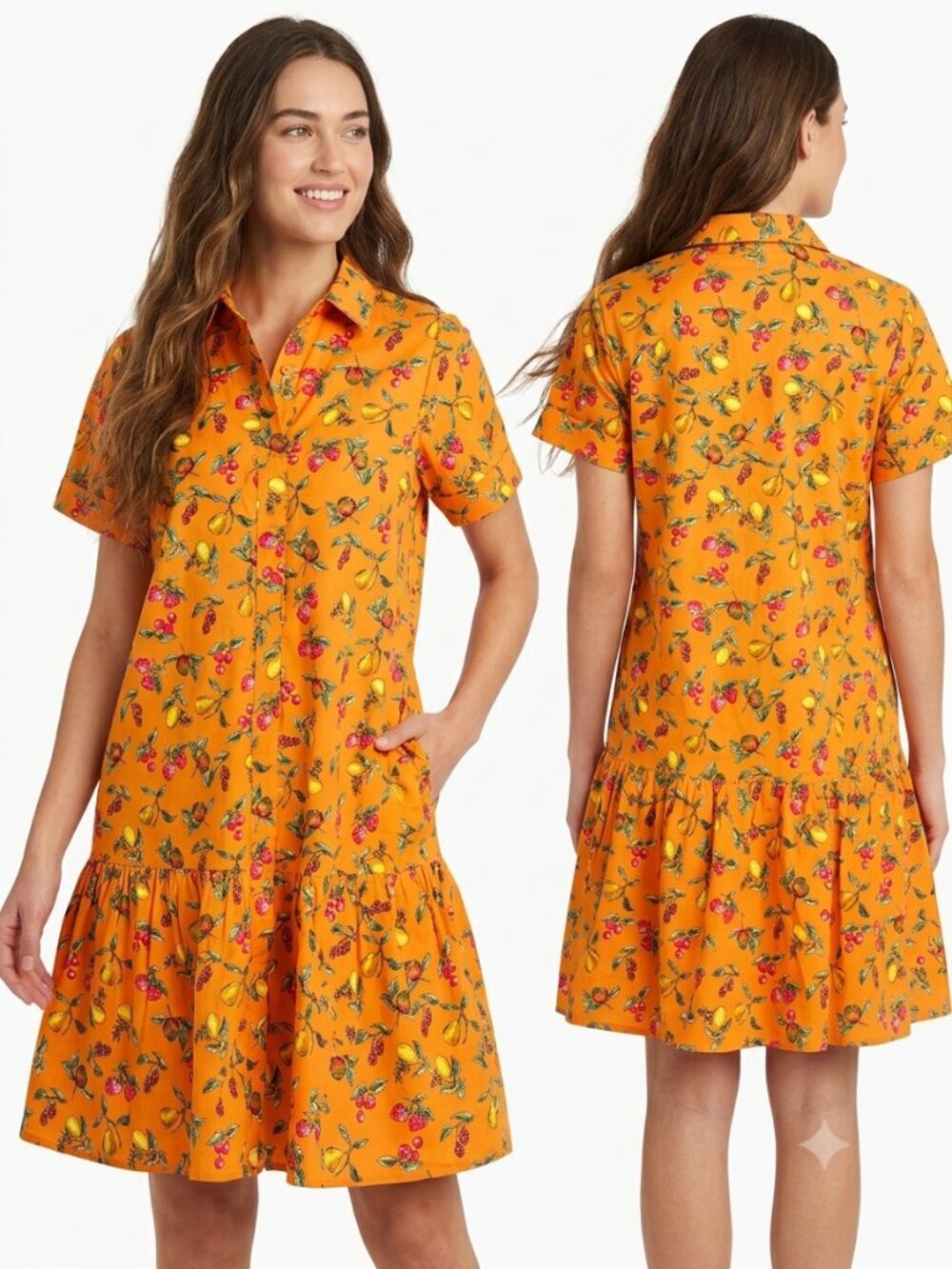 Donna Morgan Orange Fruit Print Drop Waist Dress Sz 8 Cottton Summer Cottagecore